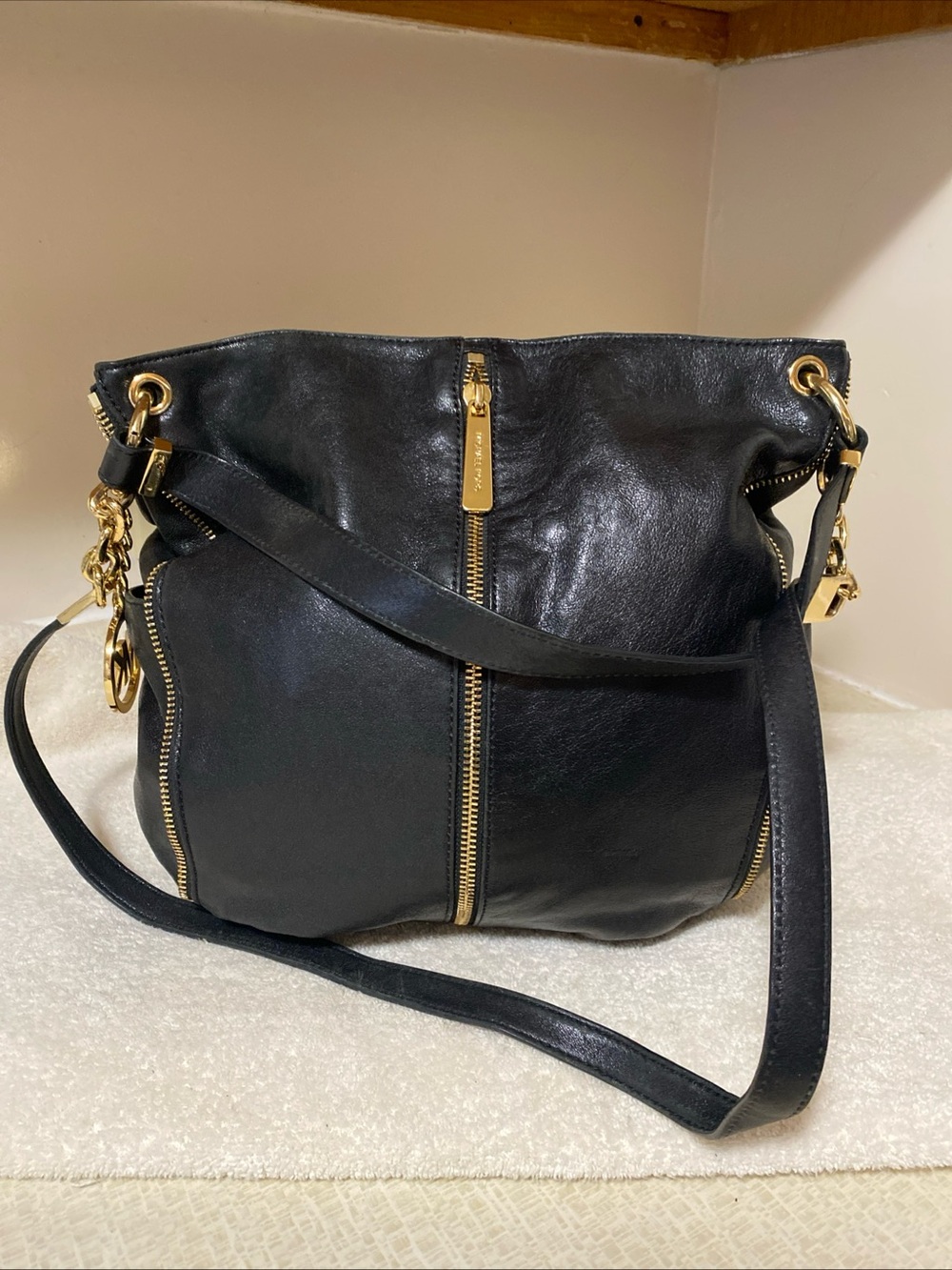 Michael Kors Black Leather Crossbody with Gold Zipper Accents